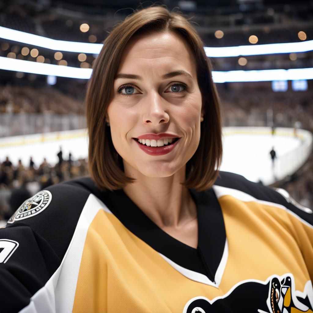 Woman's Selfie at Penguins Game in Hyperrealistic Style