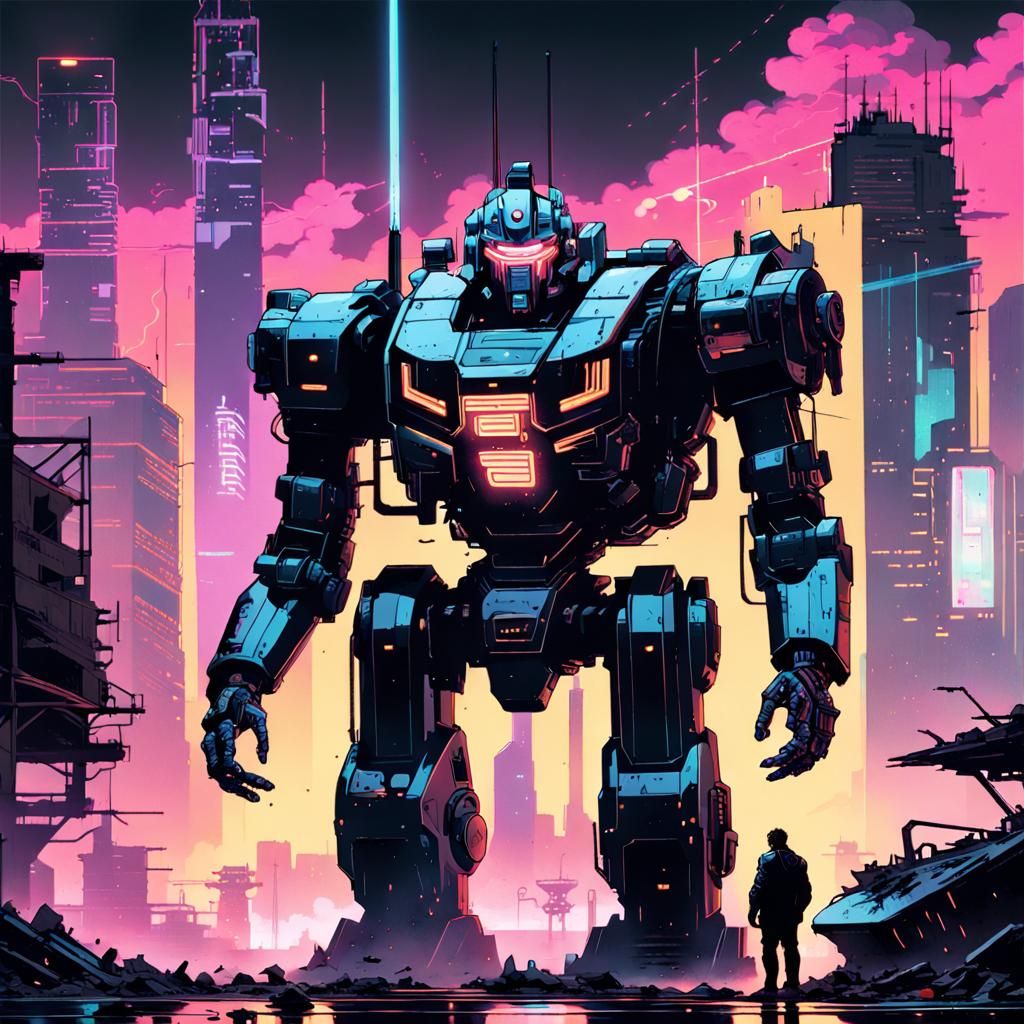 Cyberpunk Mecha Robot Amidst Ruined Cityscape in Neon Glow