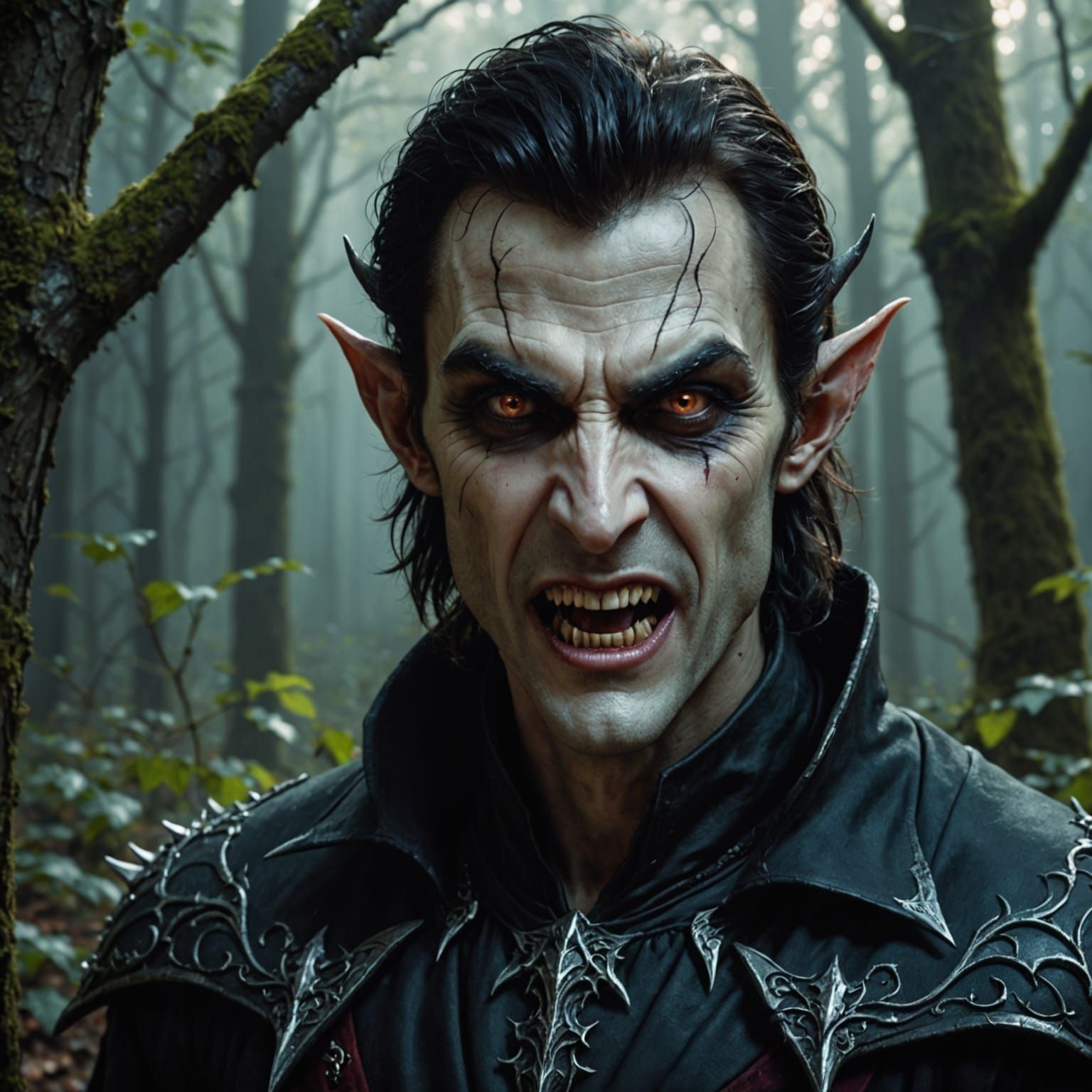Vampire Elf Emerges from the Shadows in an Enchanted Forest