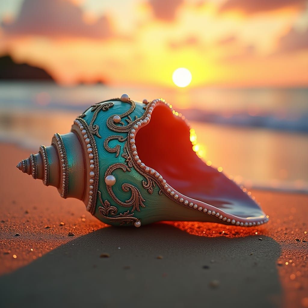 Ornate Conch Shell on Golden Sand in Hyperrealism
