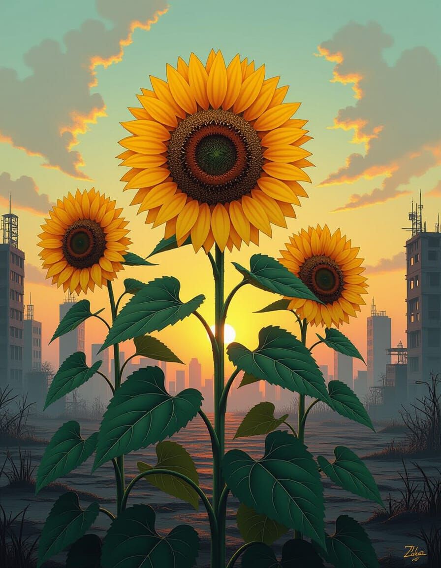 Dystopian Sunflowers in Surrealist Style