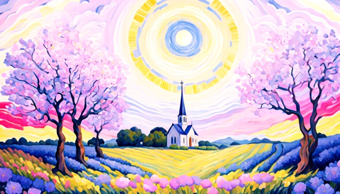 Church in Flowers: Starry Night Painting in Van Gogh Style