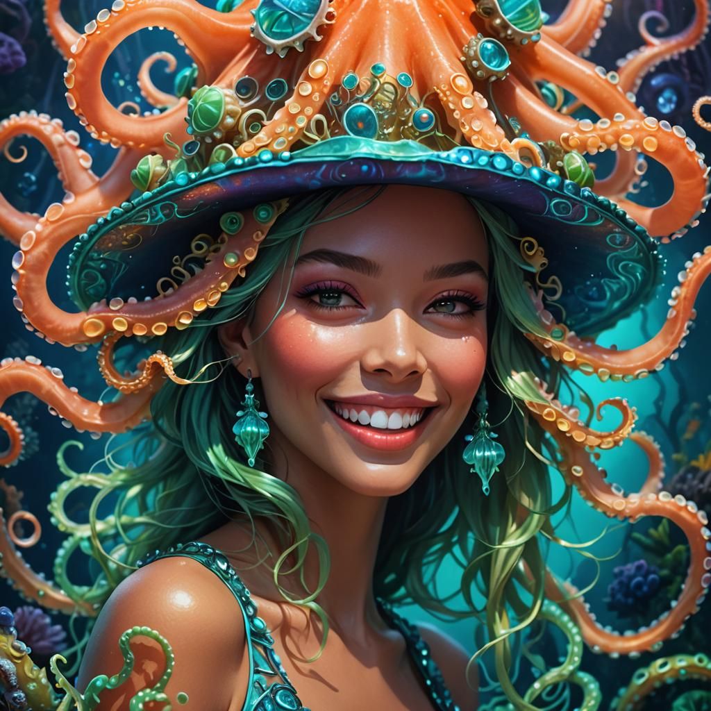 Laughing Woman with Bioluminescent Coral Fantasy Hat