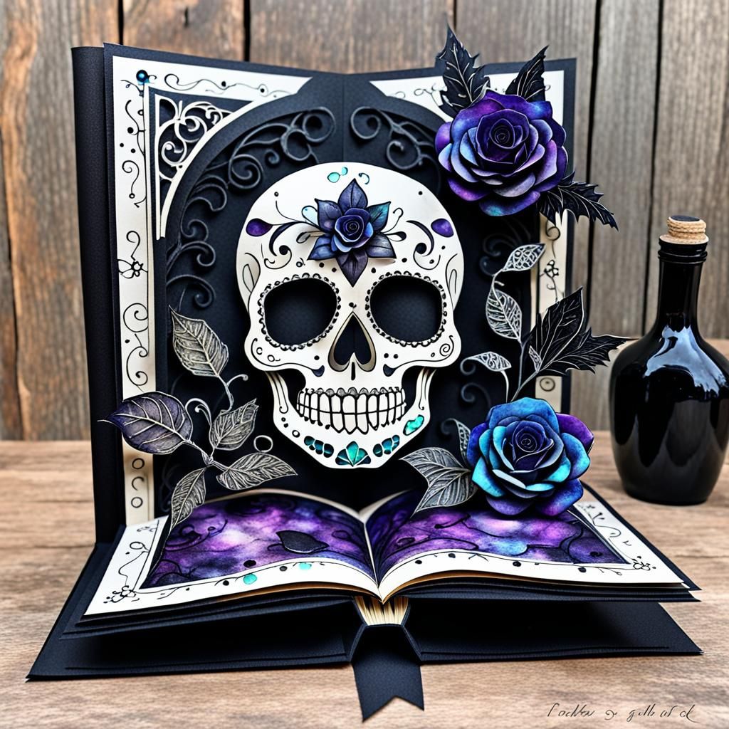Gothic Sugar Skull Pop-Up Book in Alcohol Inks Style