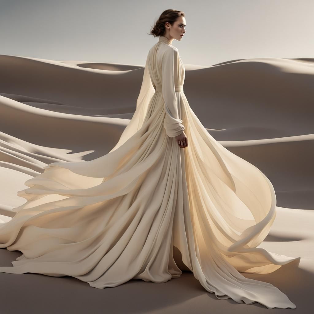 Woman in Flowing Cream Dress, Fantasy Art