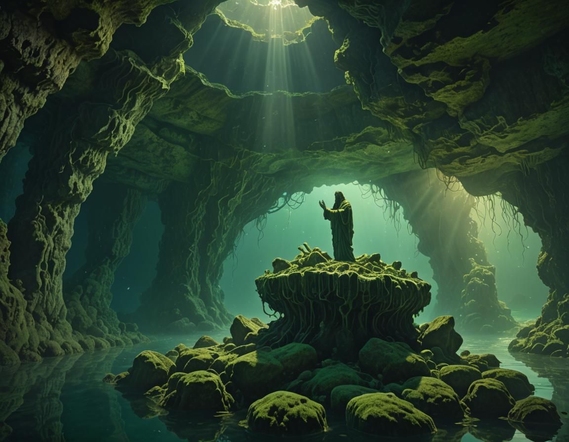 Green Christ in Underwater Cave, Surrealist Art