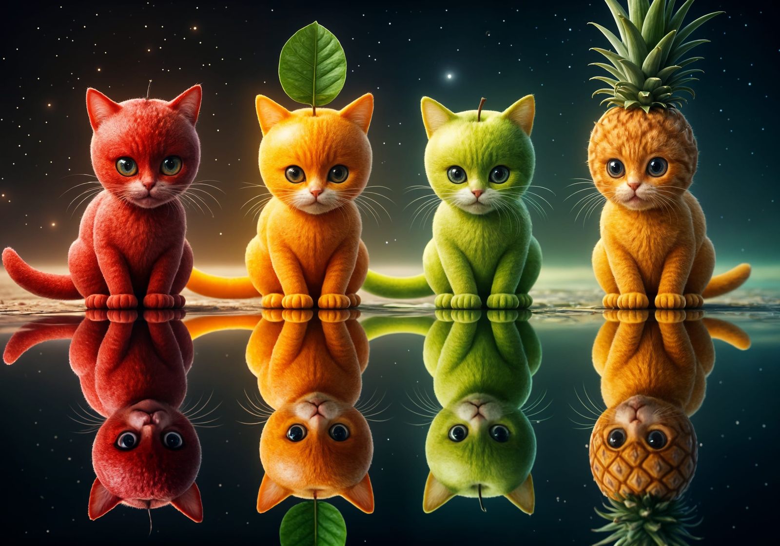Surreal Fruit Kitten Portraits in Cosmic Realism Style