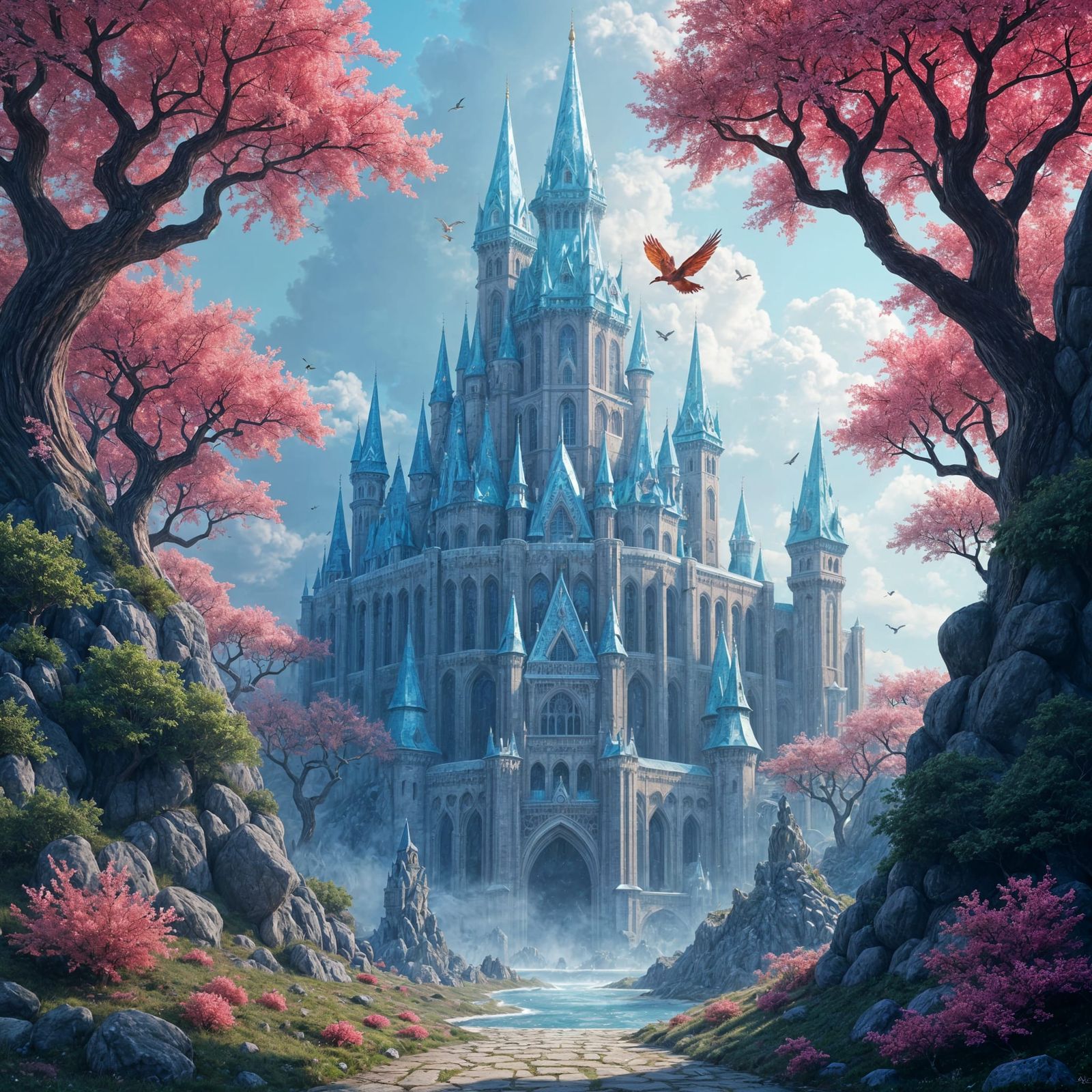 Crystal Covered Castle with Gemstone Birds, Digital Art