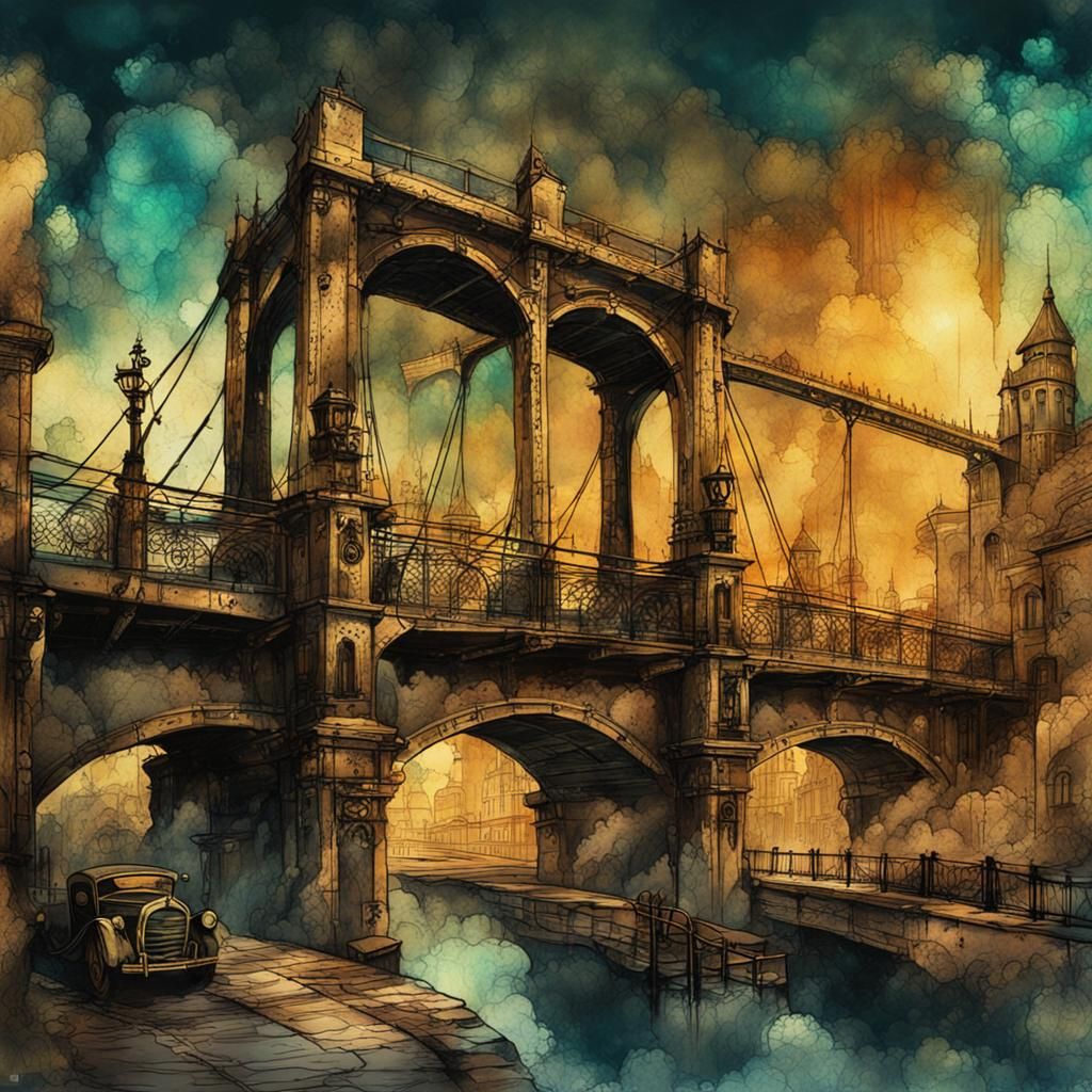 Steampunk Bridge Ink Painting on Vintage Paper