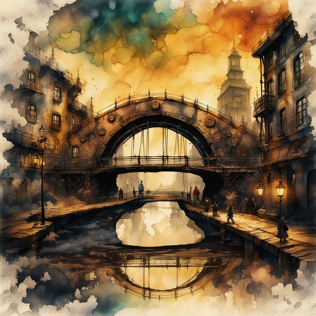 Steampunk Bridge Ink Painting on Vintage Paper