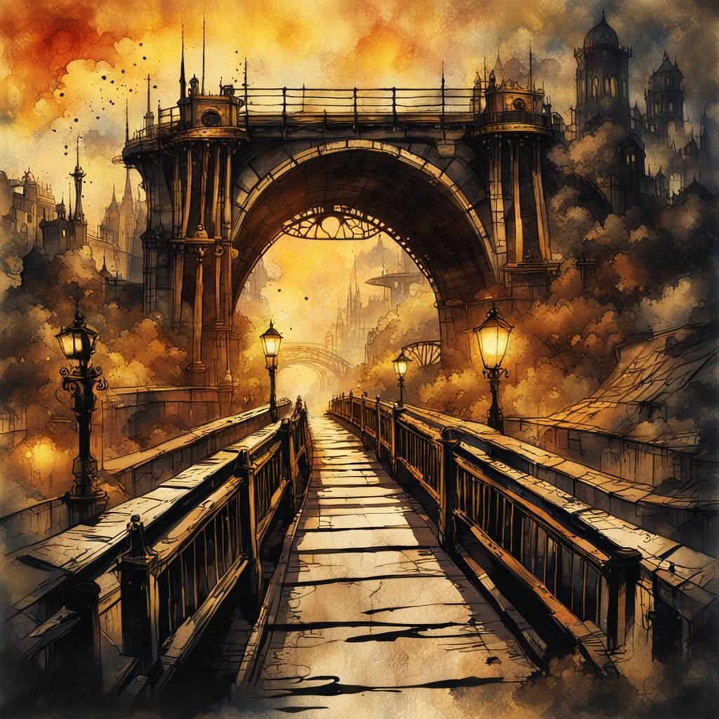 Steampunk Bridge in Ink Painting Style