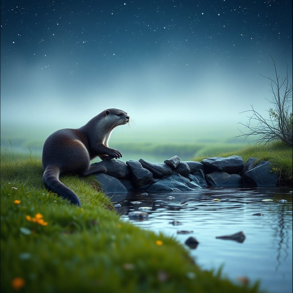 Majestic Otter Constructs Serene Meadow Dam in Cinematic Sty...