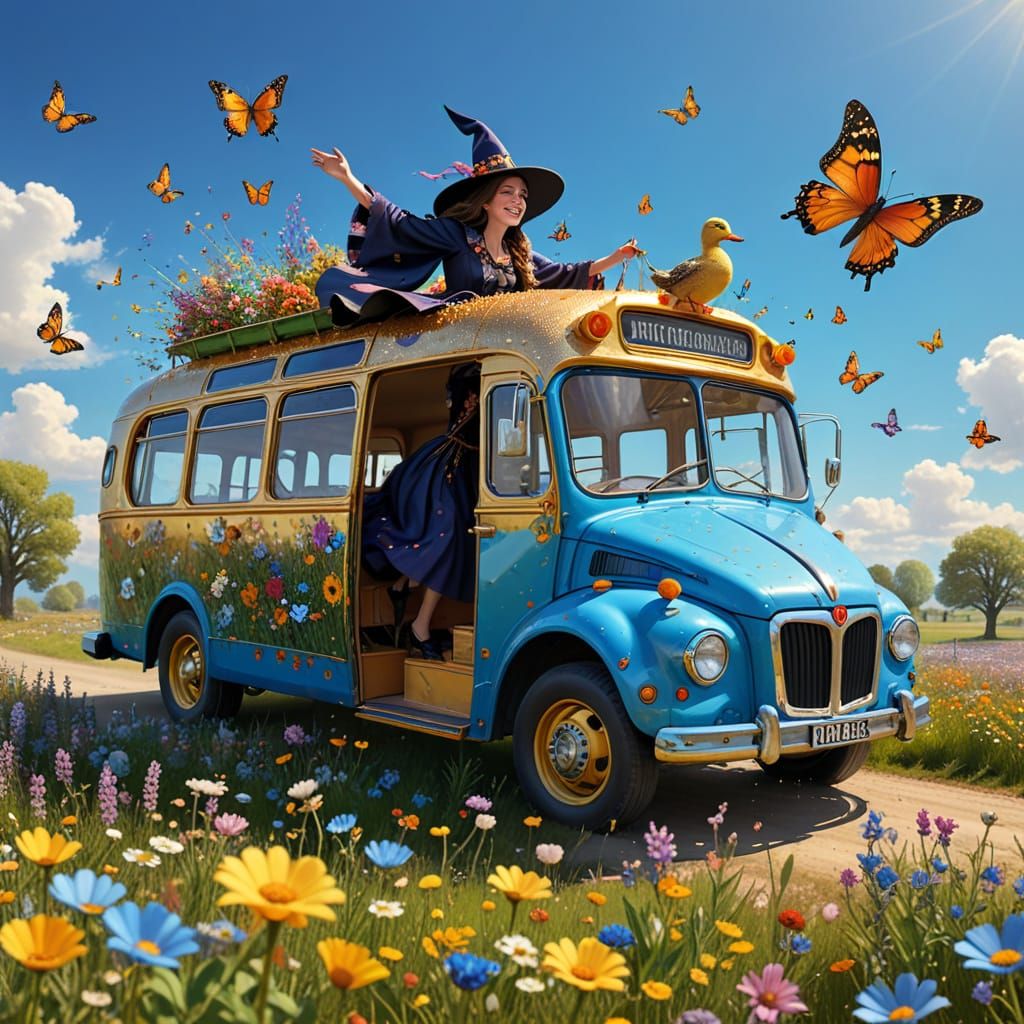 Witch Bus Driver Flies Magical Bus Over Flower Meadow