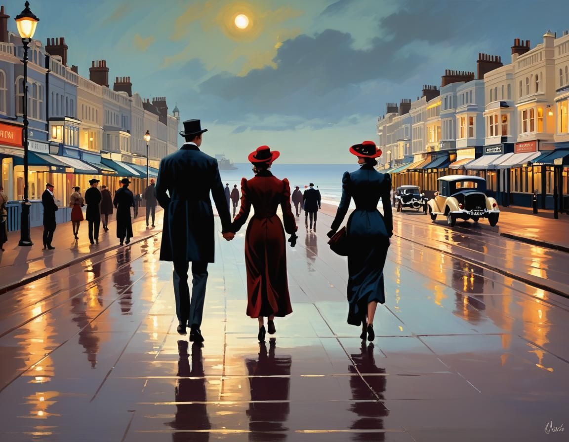 Victorian Couple Stroll: Oil Painting in Vettriano Style