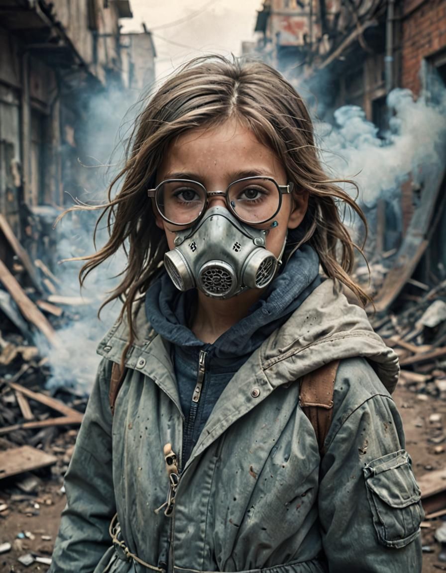 Dystopian Girl with Air Mask in Retrofuturistic Style