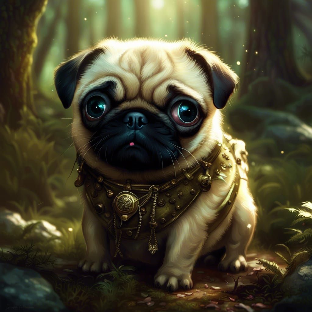 Adorable Chibi Pug Puppy in Forest