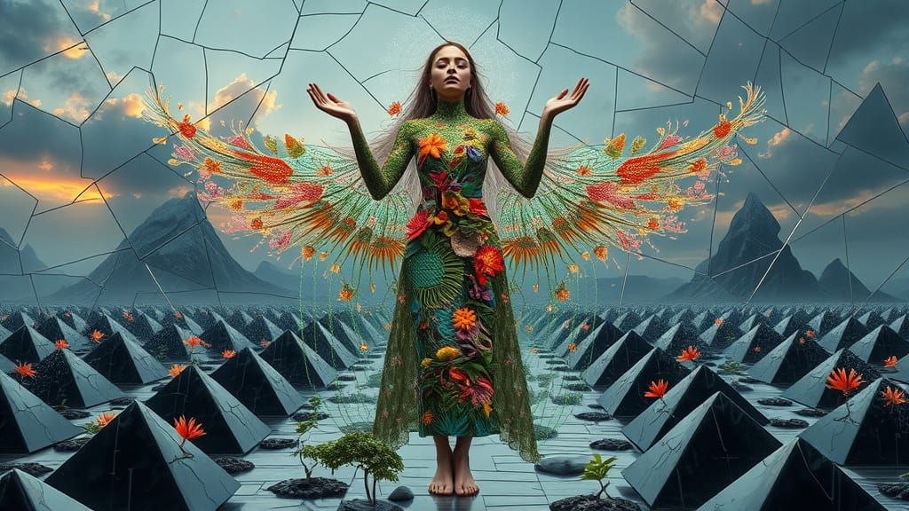 Surreal Bio-Art Goddess Amidst Interconnected Ecosystems