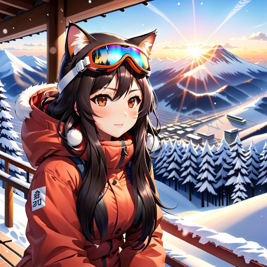 Anime Cat-Girl Snowboarding in Sapporo, Japan