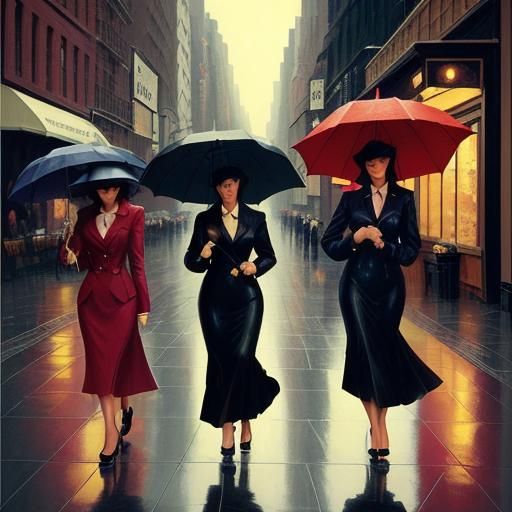 Women with Umbrellas in New York, Vettriano Style