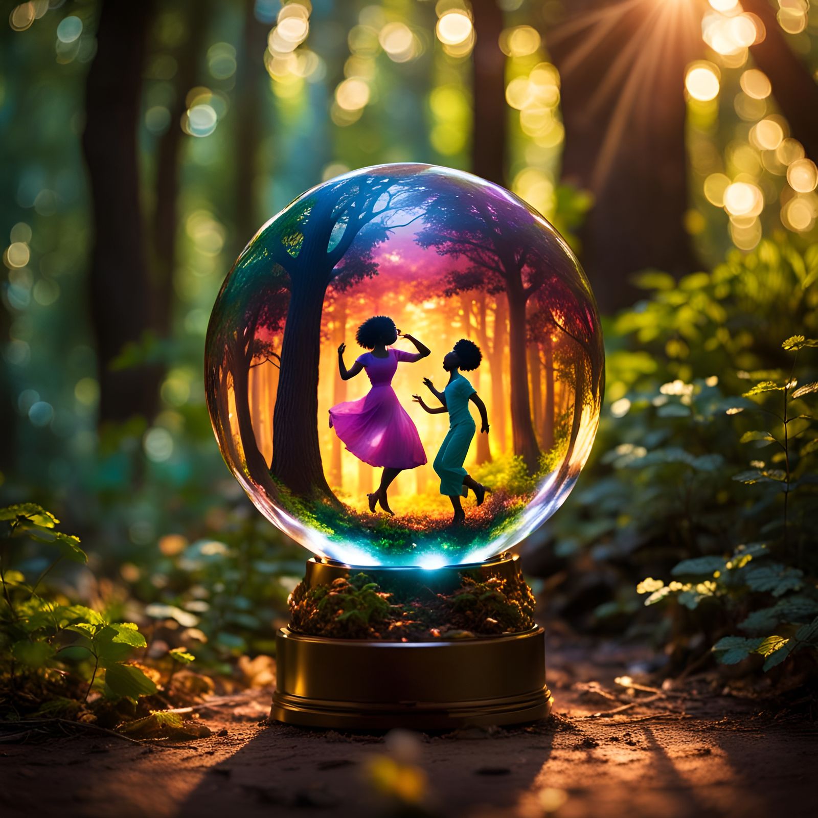 Crystal Ball Reflects Dancer in Lush Forest