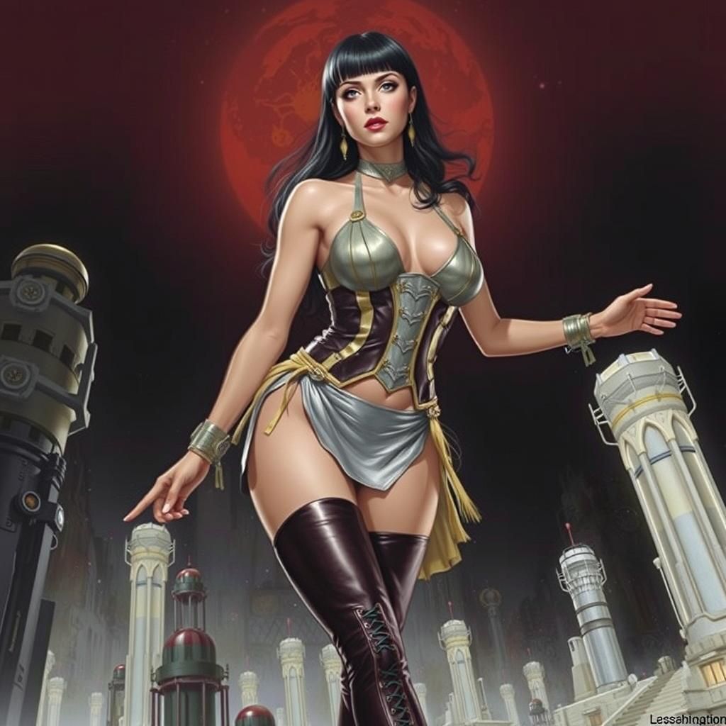 Retro Sci-Fi Pinup Girl in Surreal Setting