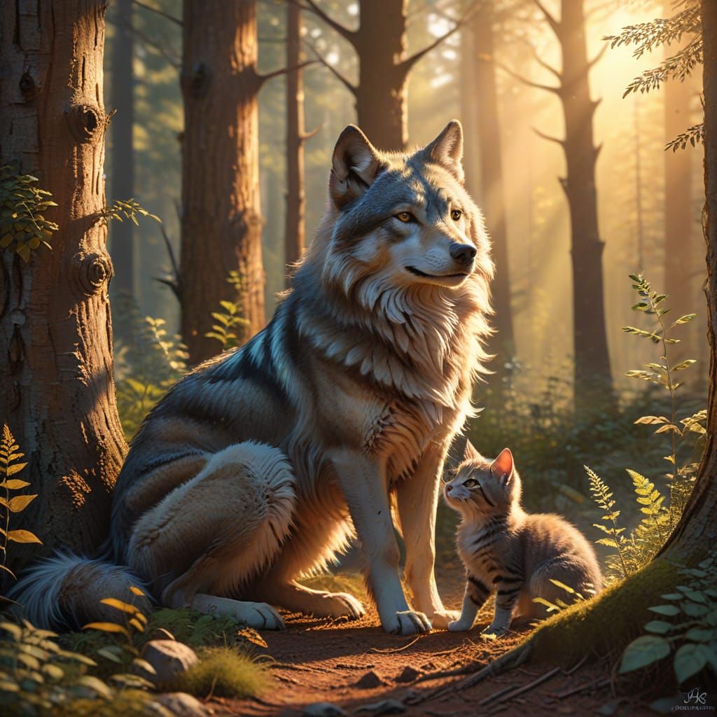 Wolf and Cat Share a Heartwarming Embrace in Whimsical Fores...