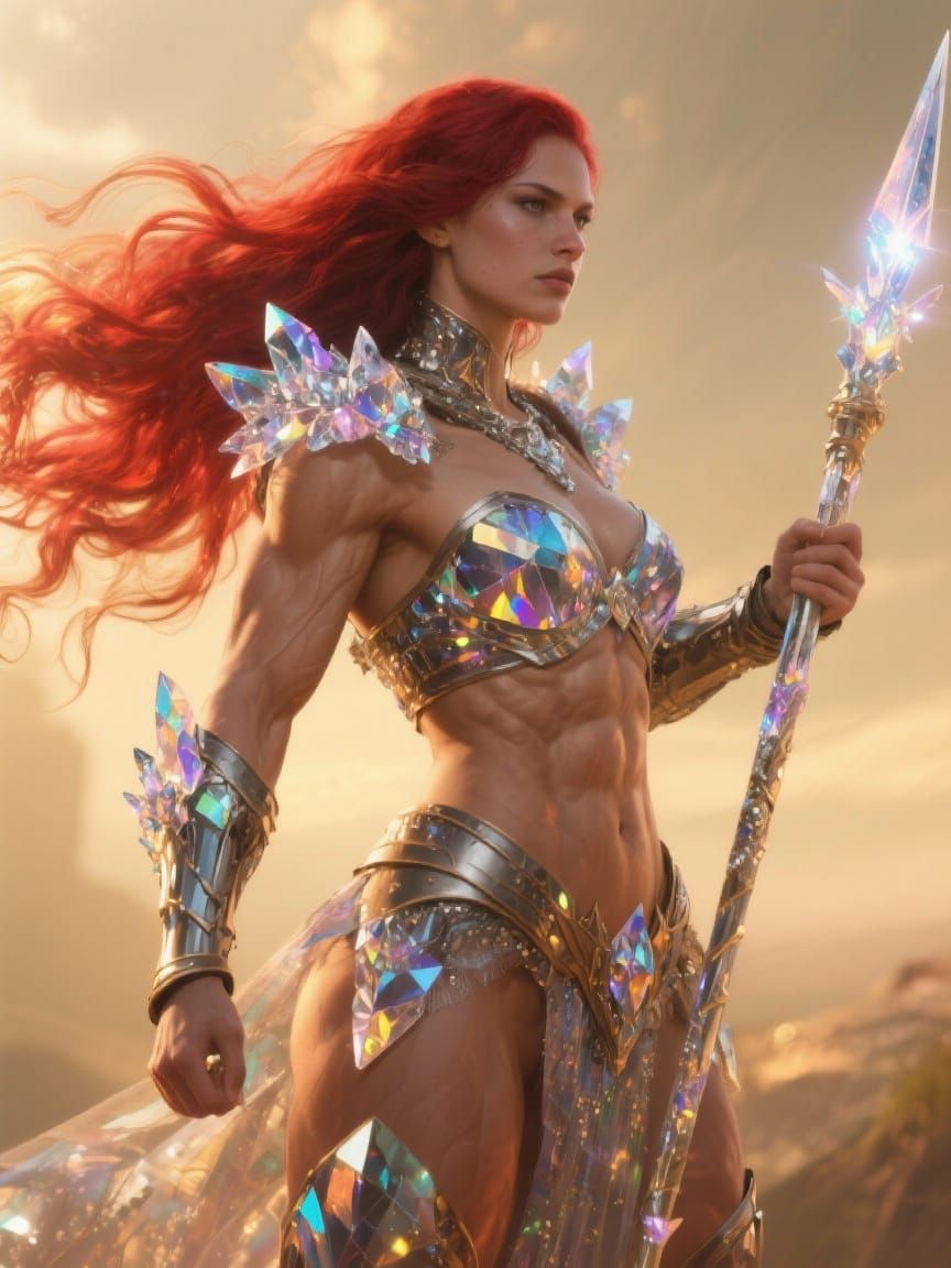 Muscular Female Warrior in Crystalline Armor with Glowing Sp...