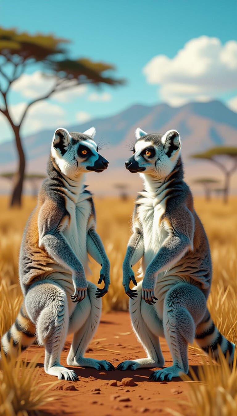Lemurs Made of Clamps on the African Savannah