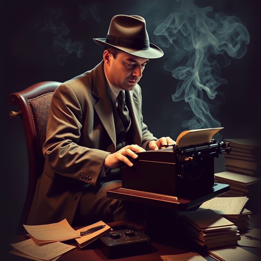 Vintage Dime-Store Novelist Typing in Film Noir Style