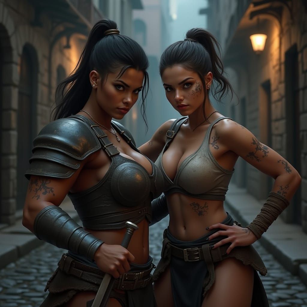 Women Warriors in Steampunk Alleyway Fight