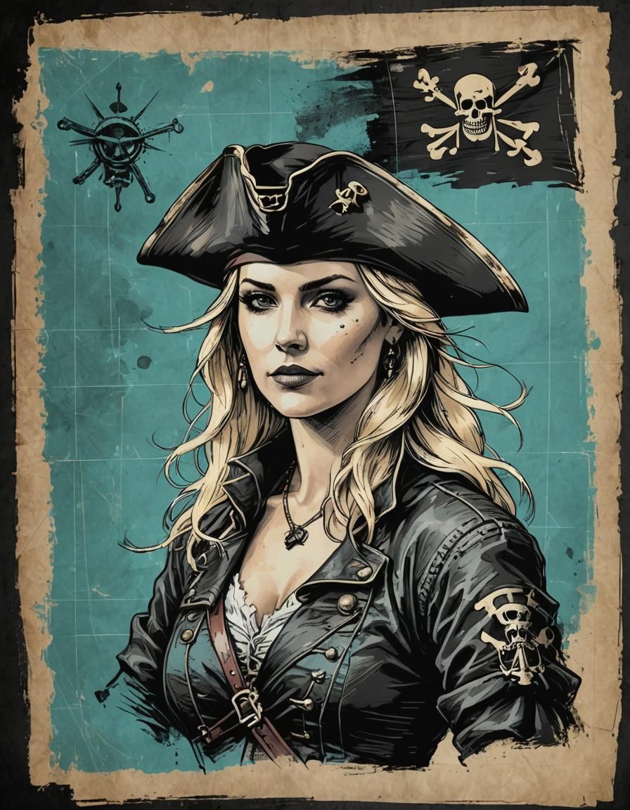 Grunge Portrait of Blonde Buccaneer with Pirate Blueprint