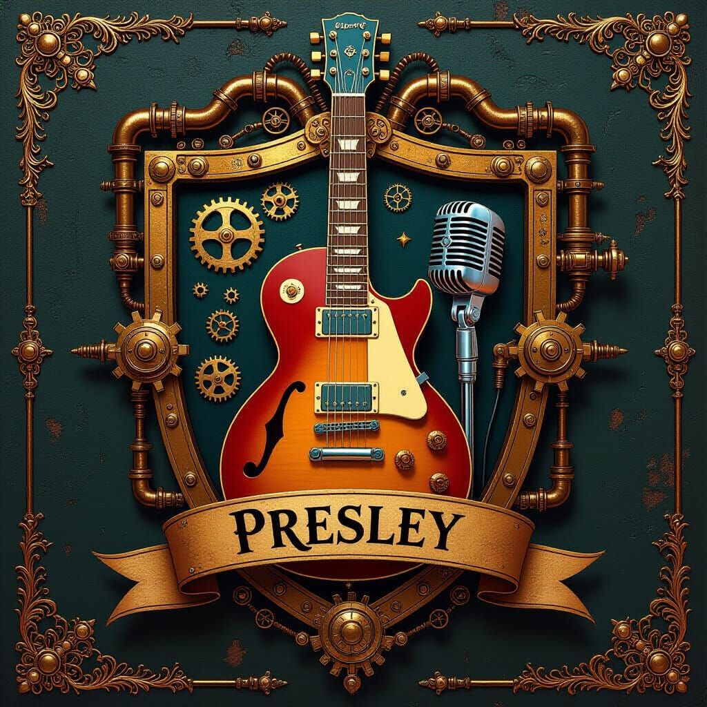 Steampunk Family Crest with Guitar and Microphone