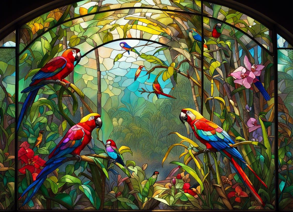 Lush Jungle Panorama in Stained Glass Style