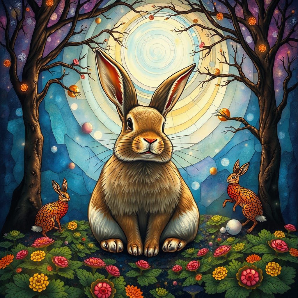 Laughing Bunny in Surreal Forest Landscape