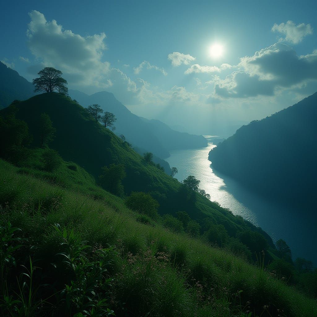 Lush Hillside Under Full Moonlight