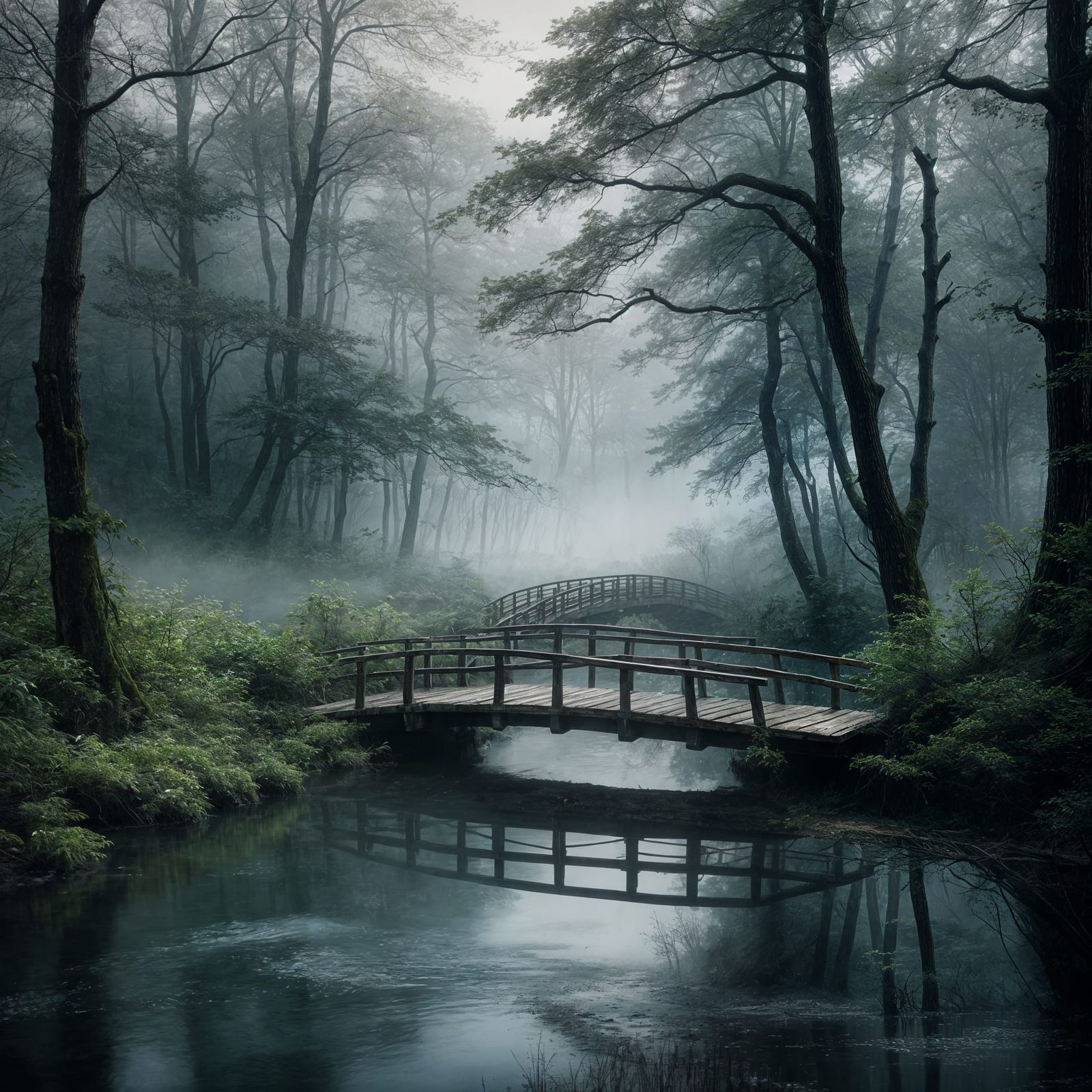 Ethereal Misty Forest Bridge at Morning