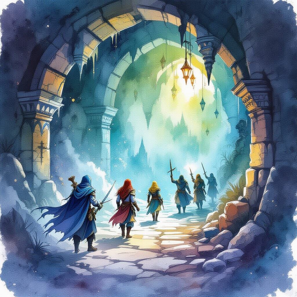 Fantasy Party Explores Dungeon in Watercolor Ink Splatter St...