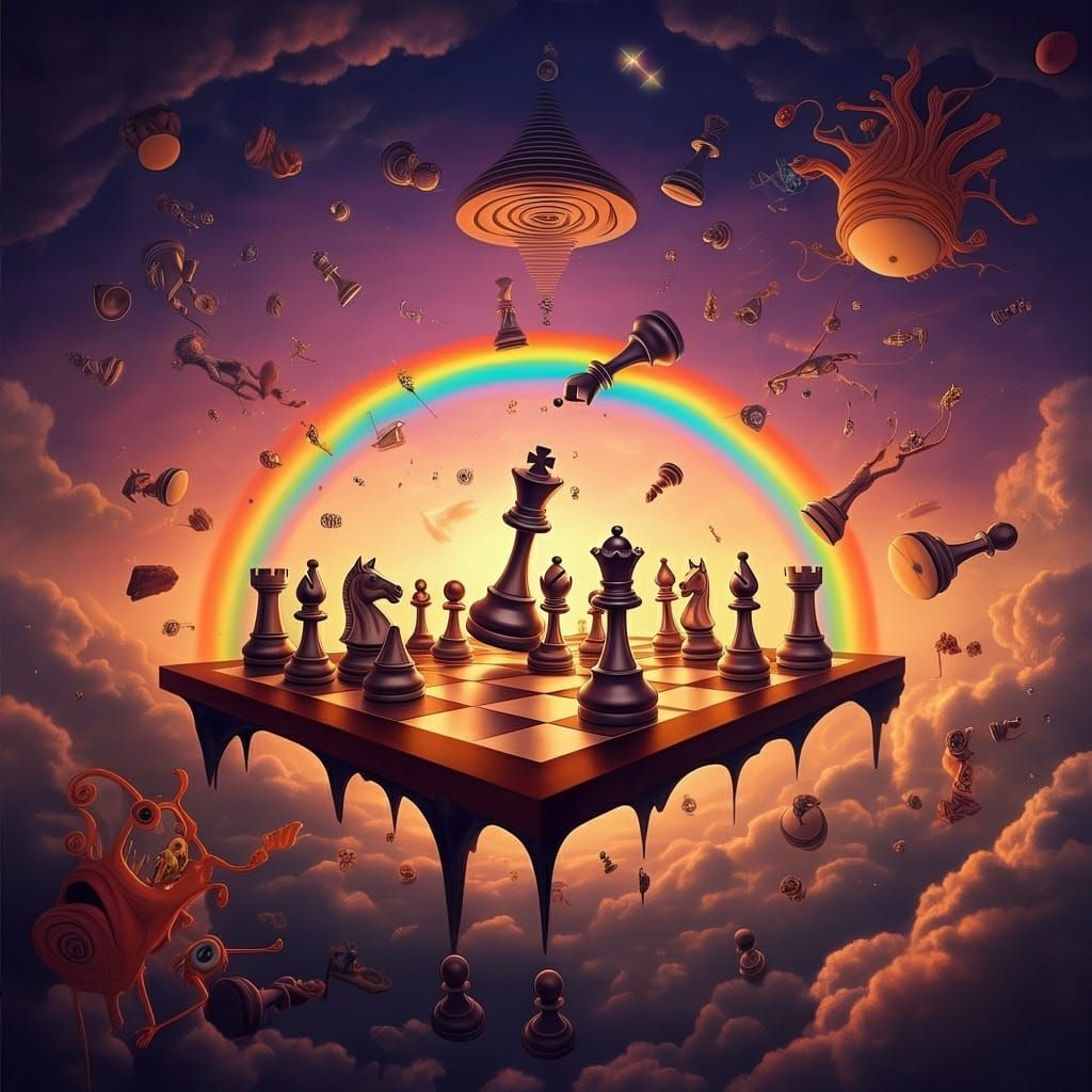 Surreal Chessboard Dreamscape in a Whimsical Style