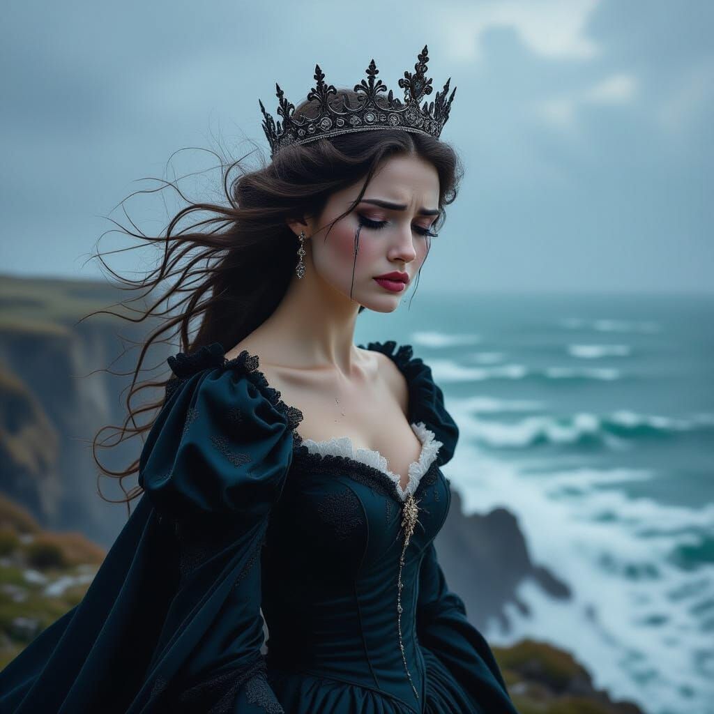Sorrowful Queen Overlooking Stormy Sea in Victorian Gothic S...