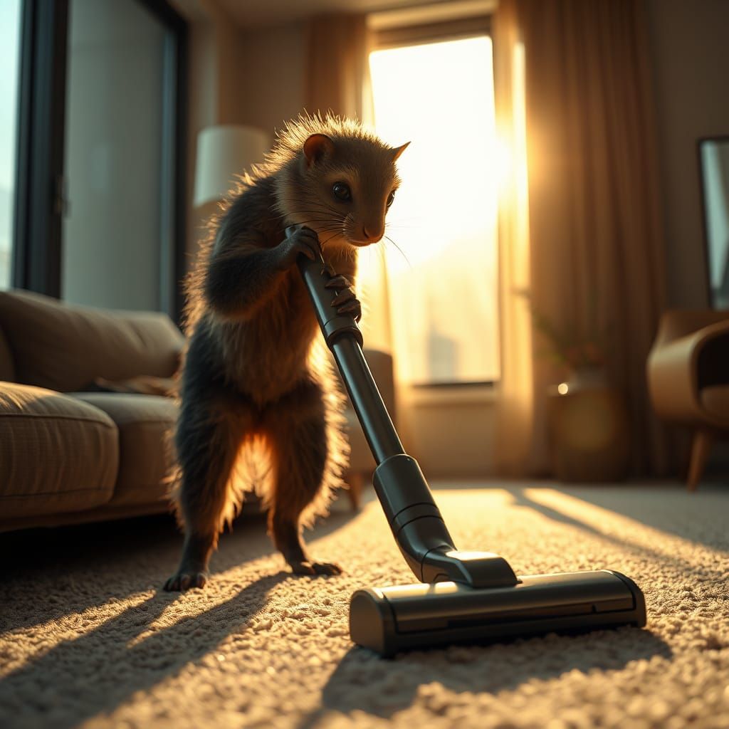 Anteater Hoovering in Apartment: Hyper-Realistic Cinematic P...