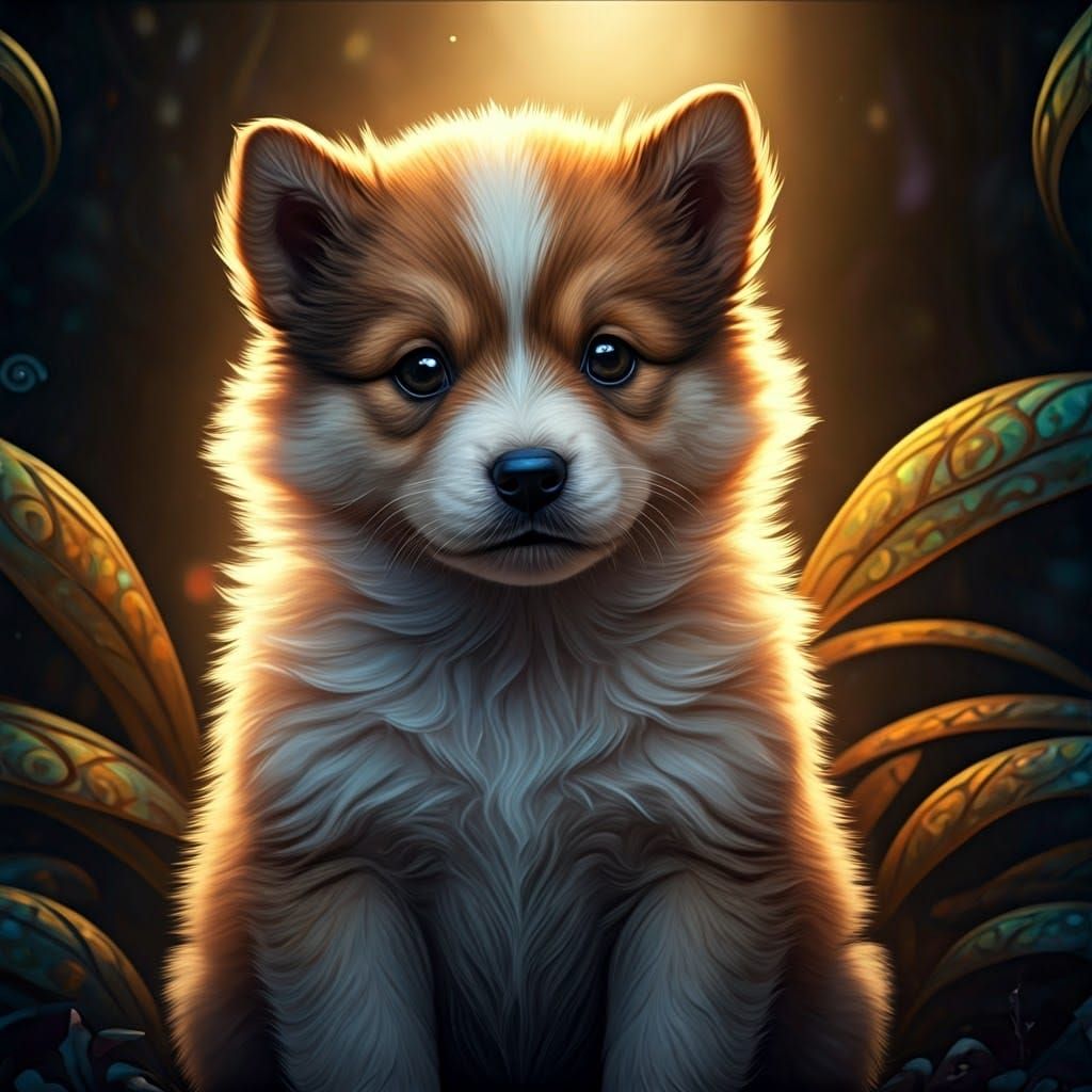 Adorable Puppy in a Fantasy Landscape Painting