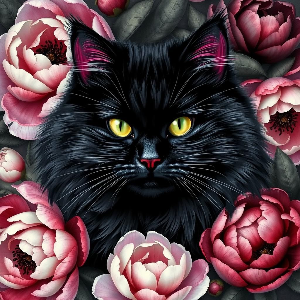 Black Cat with Peonies in Botanical Realism