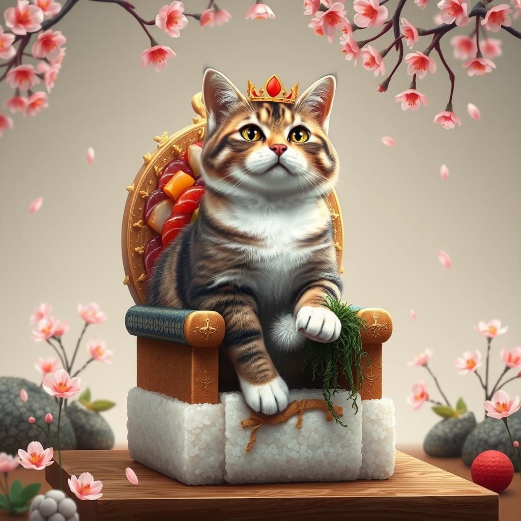Royal Cat on Sushi Throne, Hyperrealistic Style