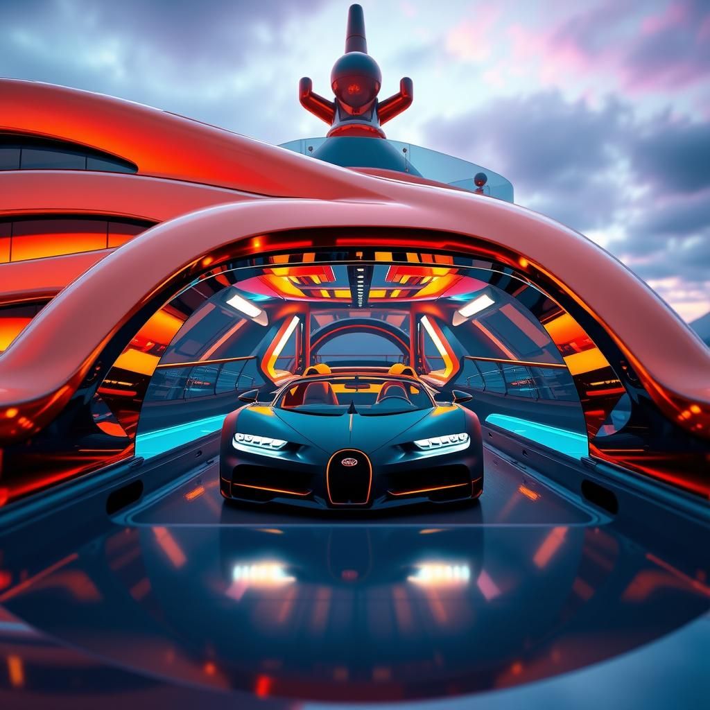 Futuristic Yacht with Bugatti: 8k Concept Art
