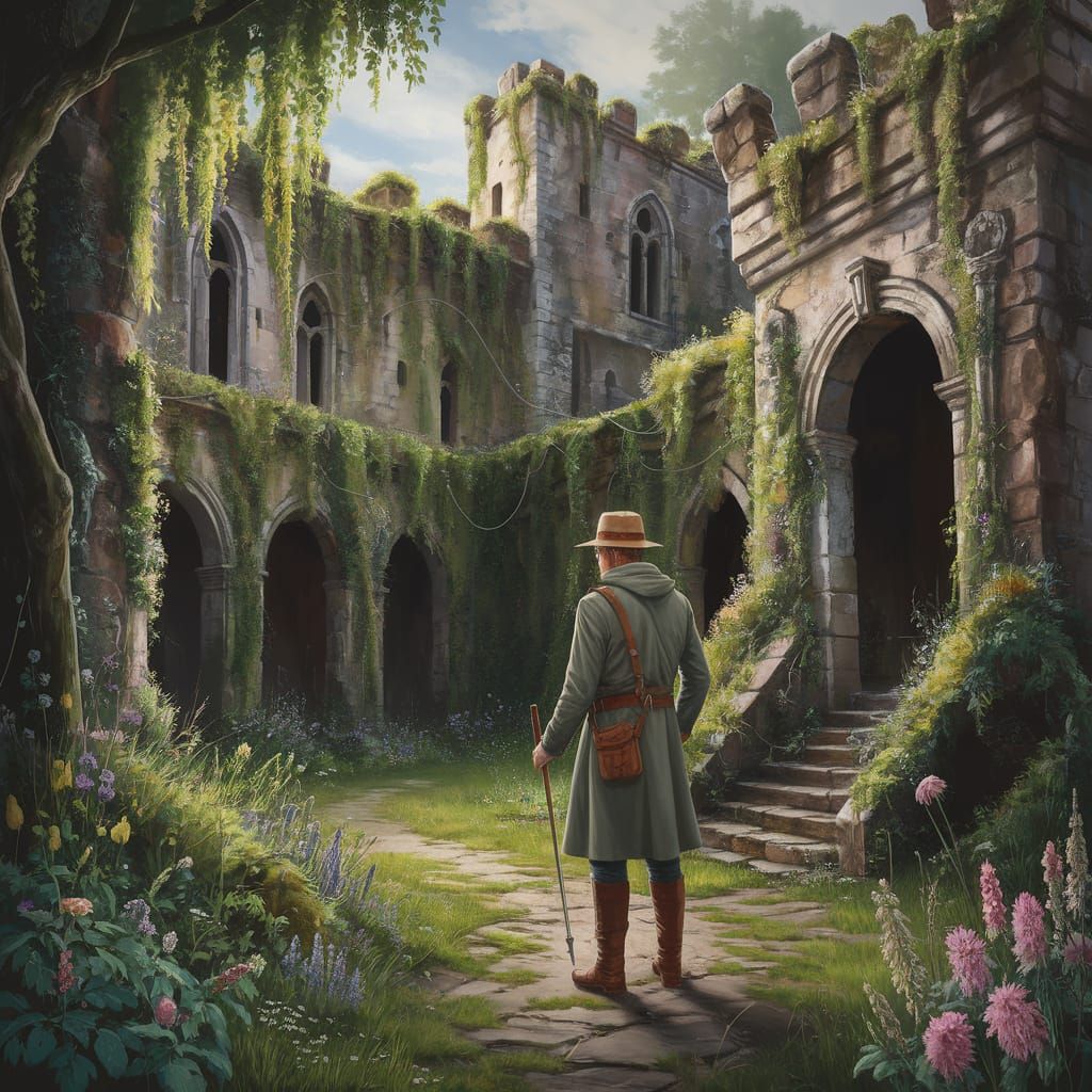 Archaeologist in Overgrown Castle: Impressionist Gouache