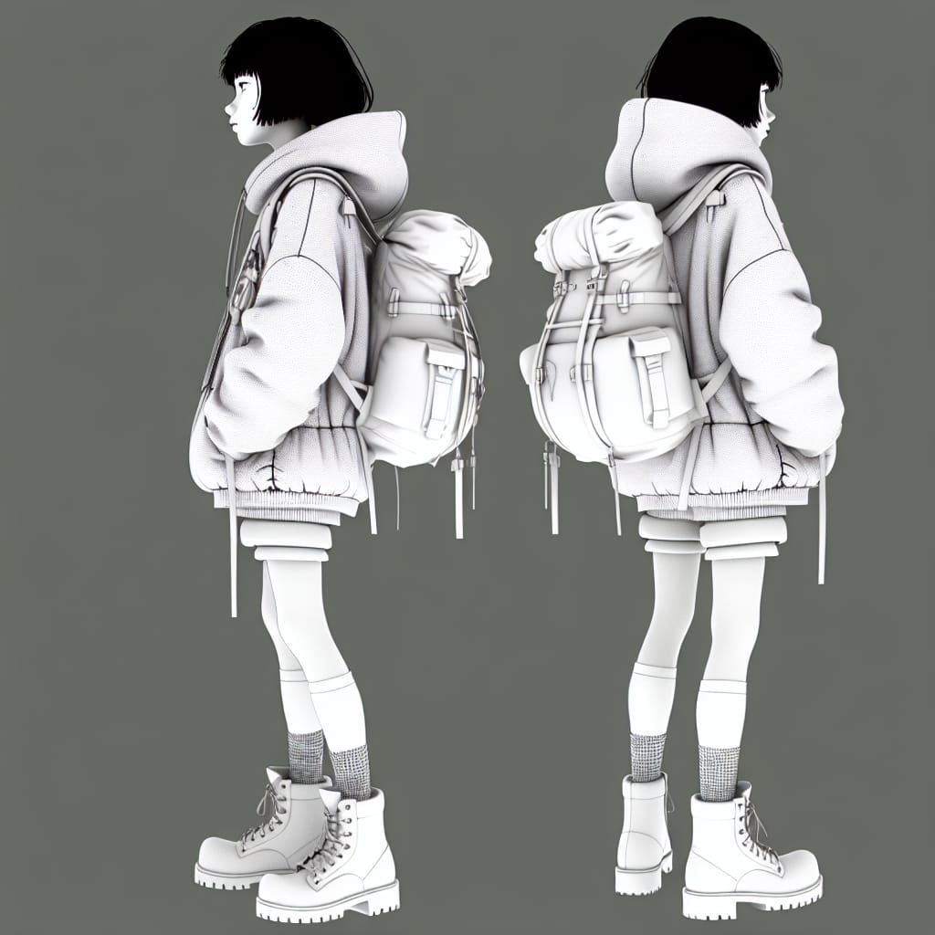 Girl in Hoodie with Backpack, Early 20th-Century Japanese An...