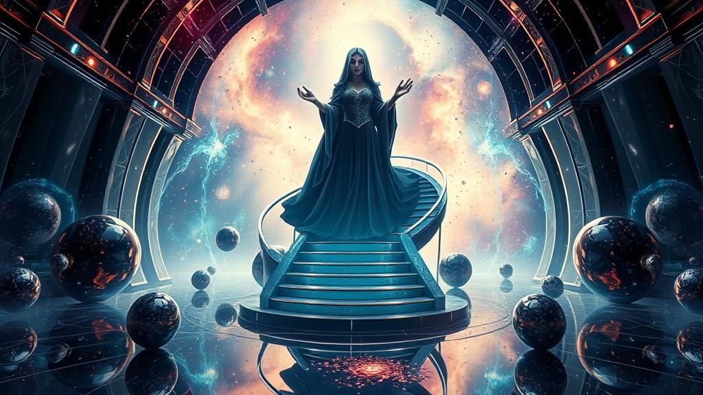 Cosmic Sorceress in Futuristic Temple with Stardust