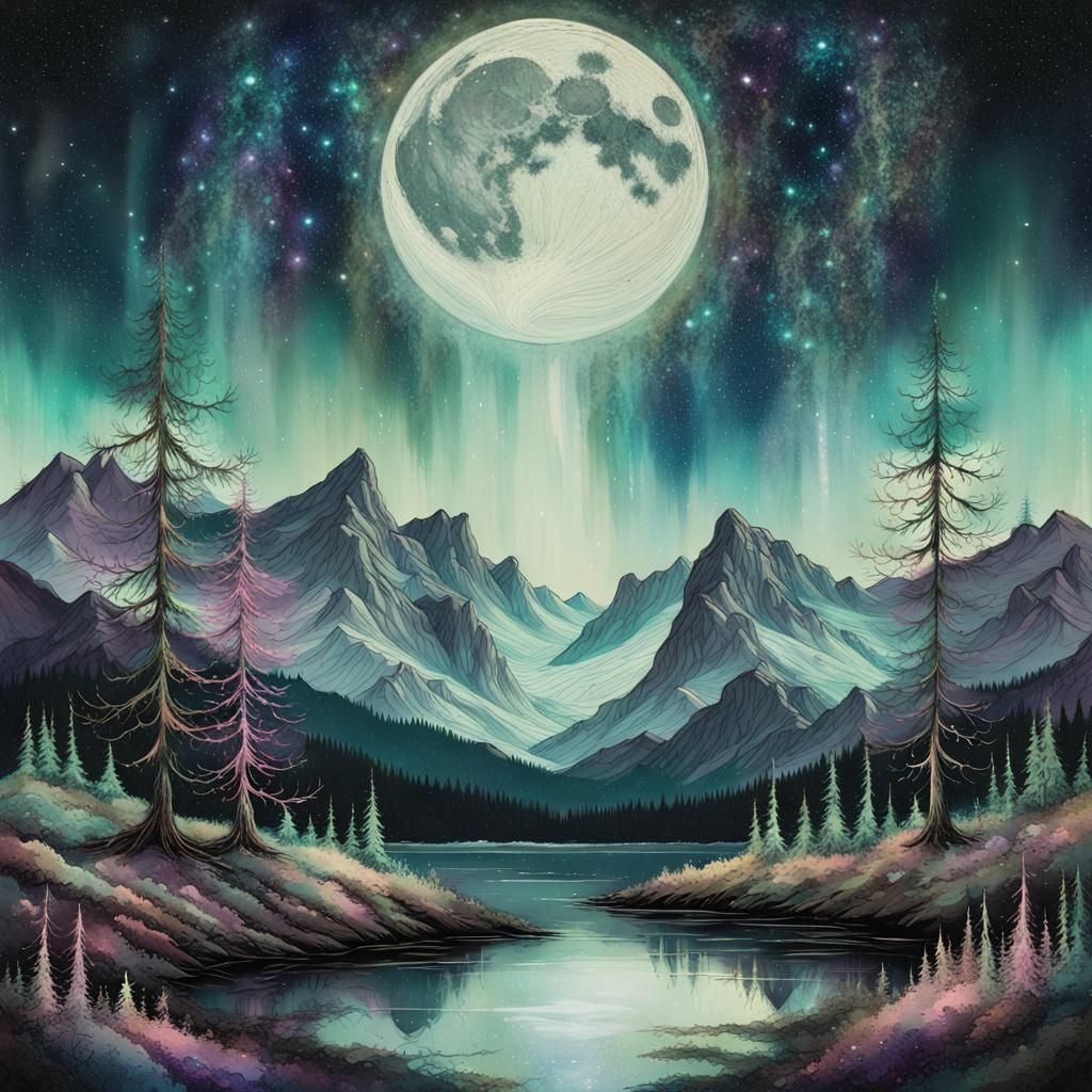 Magical Nocturnal Landscape with Northern Lights