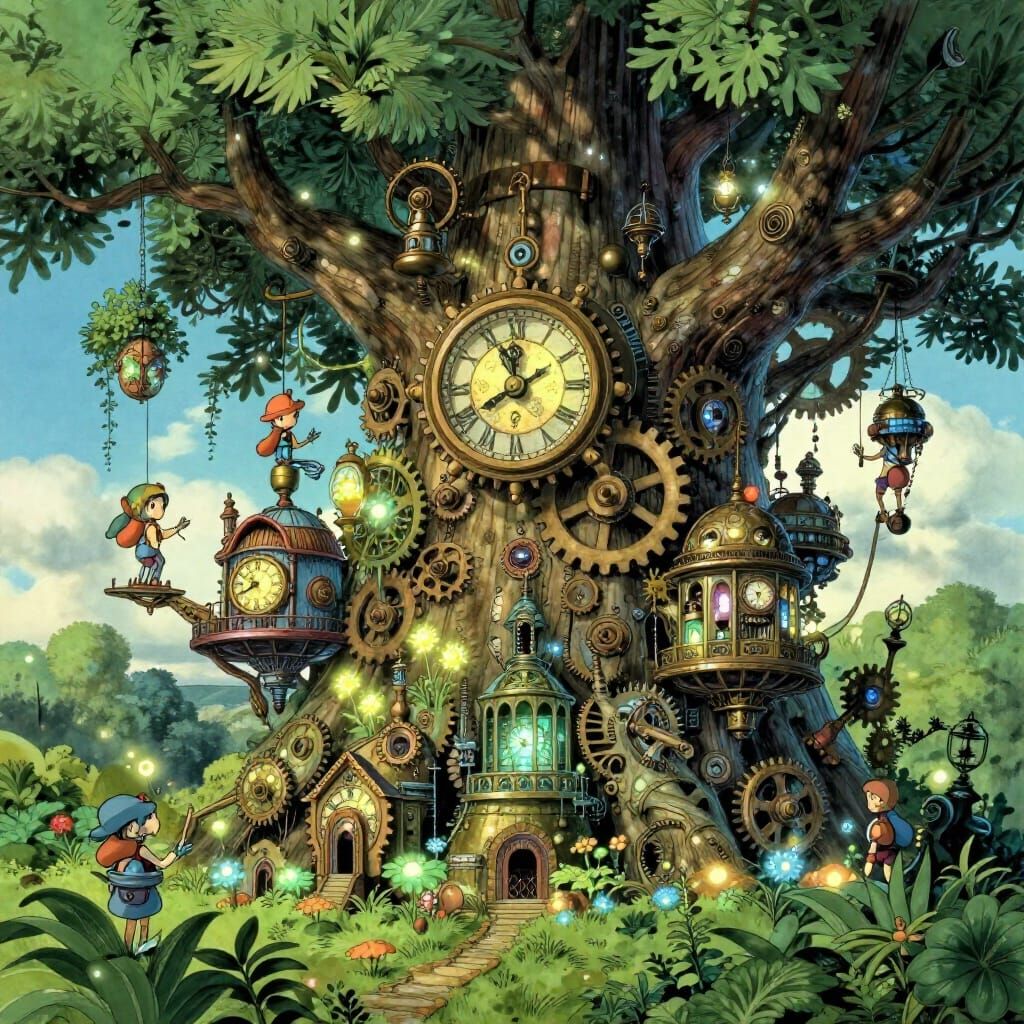 Enchanted Clockwork City in Ancient Tree