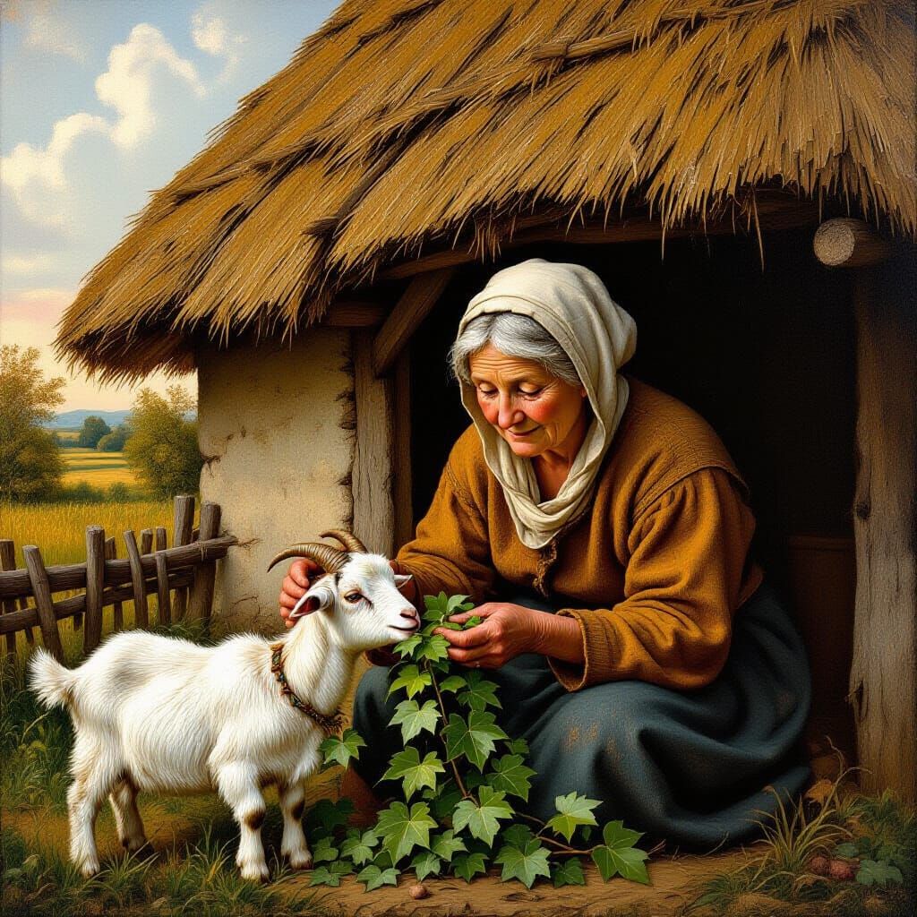 Elderly Peasant Woman Feeds Goat in Golden Hour Oil Painting
